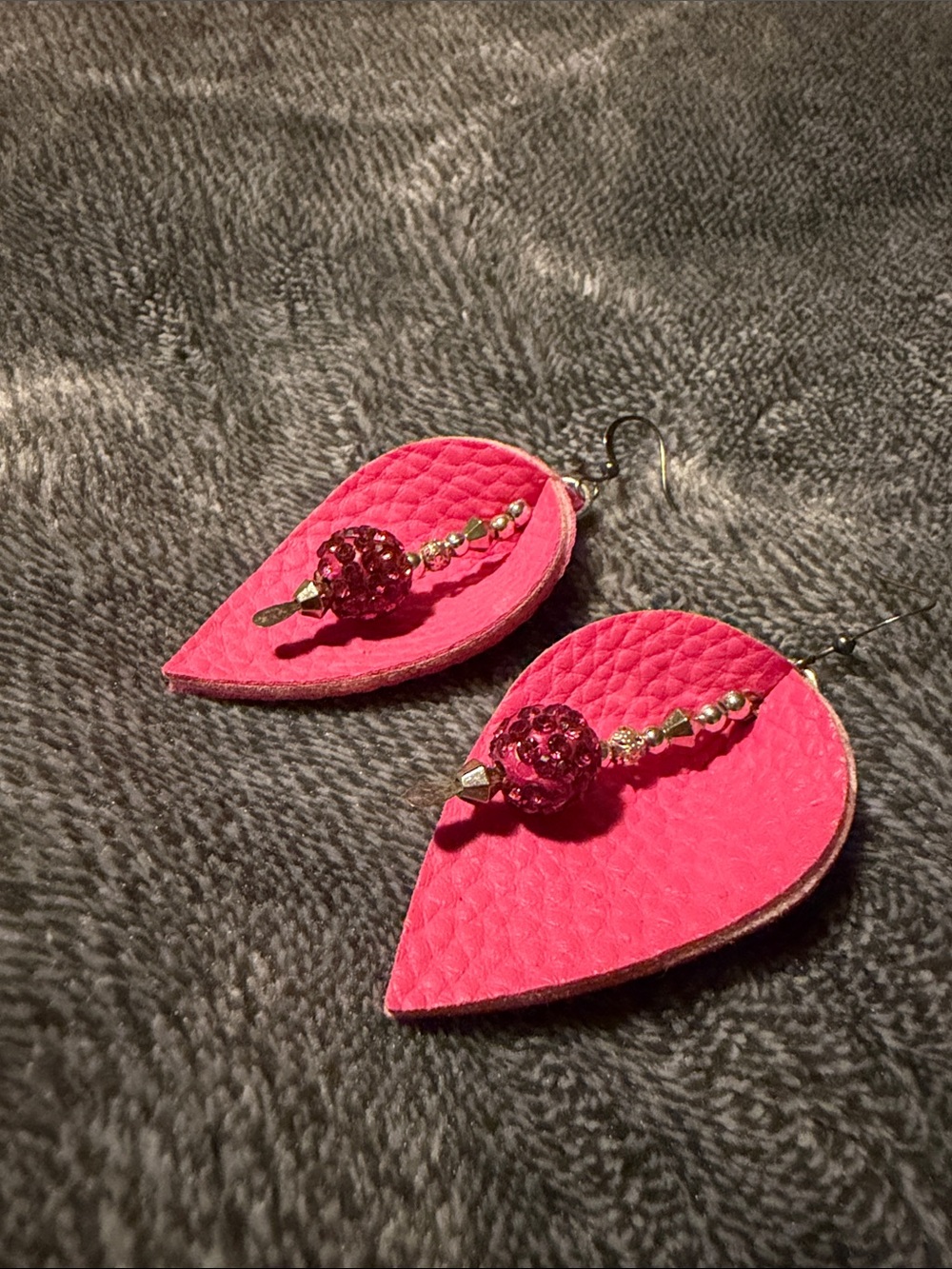 Hot Pink Teardrop Leather Beaded Dangle Earrings